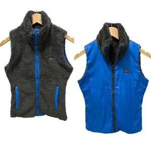 Patagonia Reversible Vest Teddy Fleece Blue Gray Full Zip Womens XS Outdoors EUC